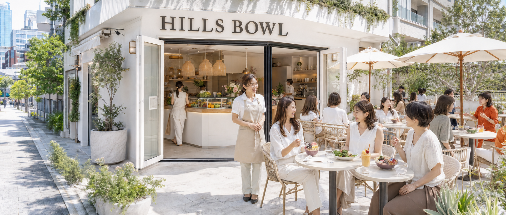 HILLS BOWLの看板がある白いカフェのテラスで、多くのお客様が楽しく過ごす風景