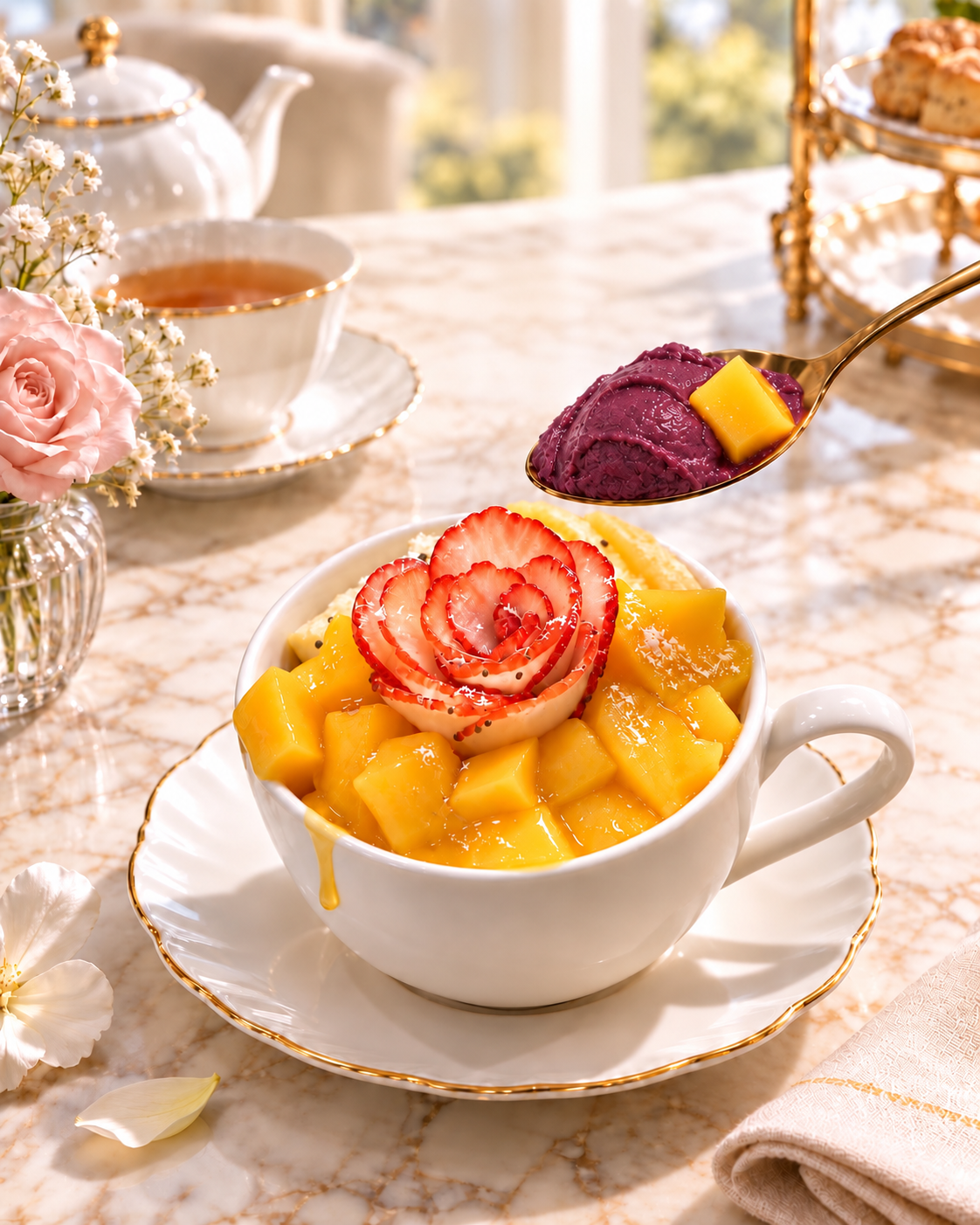 マンゴーといちごを飾ったTea Cup Acai