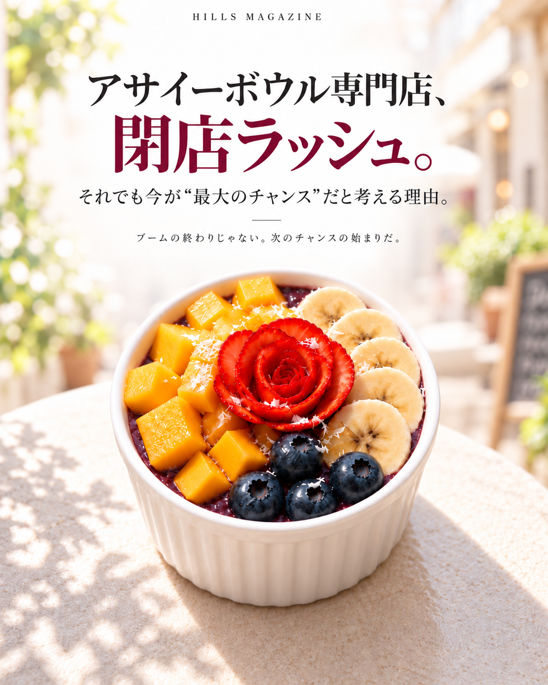 アサイーボウル専門店の閉店ラッシュと市場のチャンスを伝えるHILLS MAGAZINEのアイキャッチ