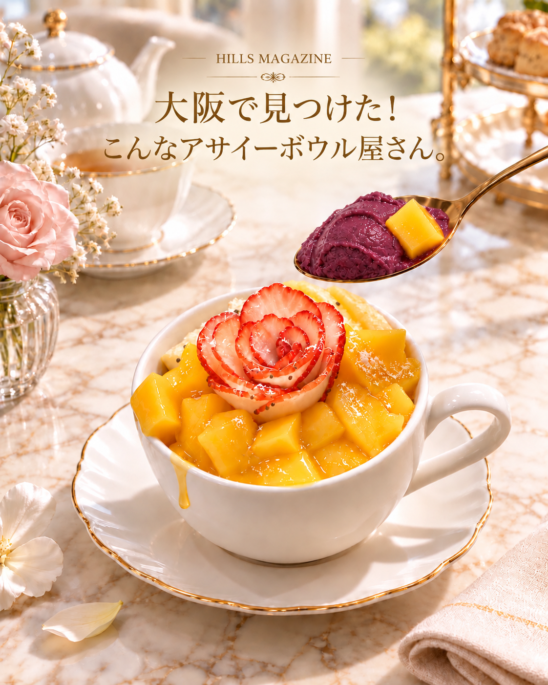 大阪・南堀江のHILLS BOWLで提供する薔薇のような国産イチゴとマンゴーのアサイーボウル